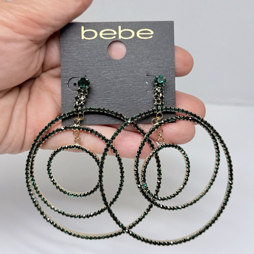 bebe Gold Tone Triple Row Emerald Green Rhinestone Hoop Dangle Earrings New